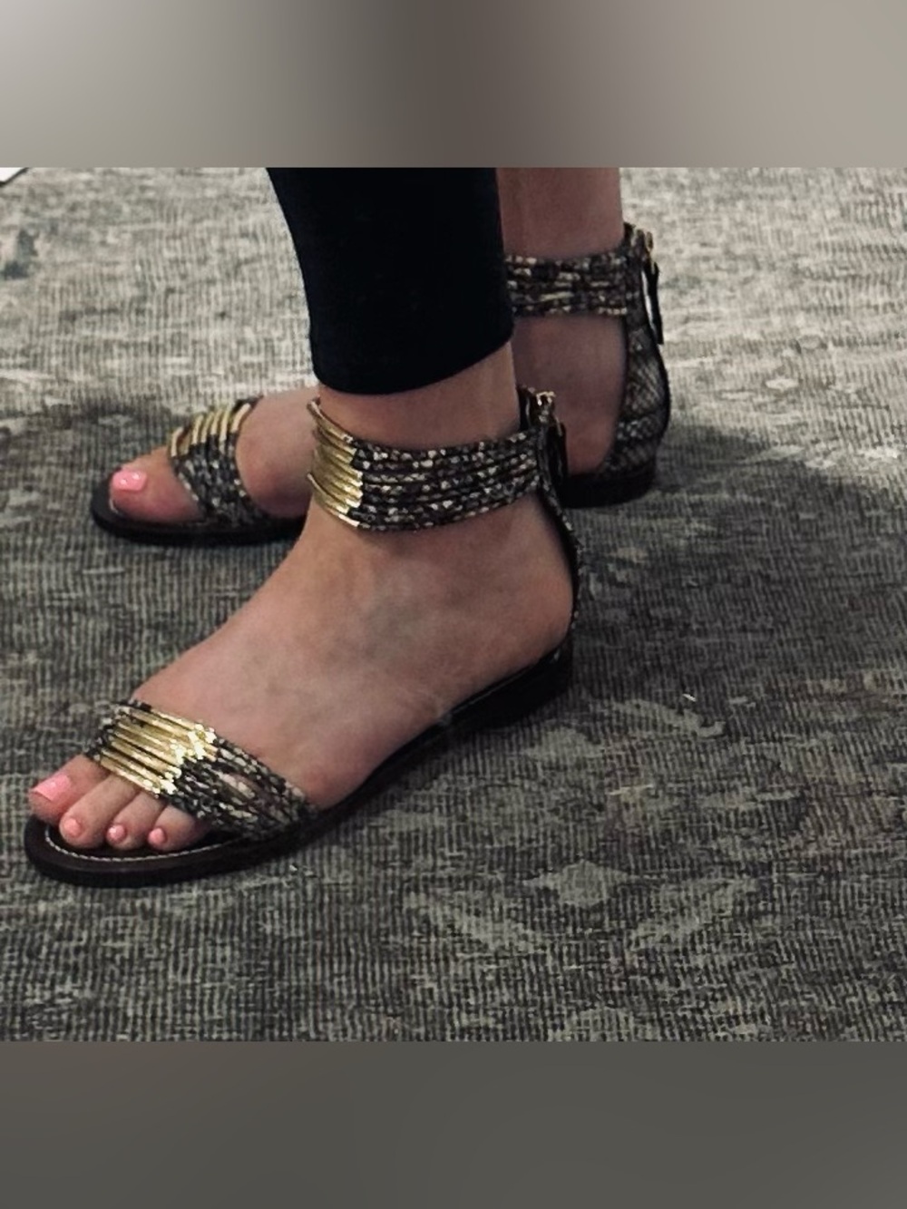 Tory Burch Black and White Braided Flat Sandals with Gold Hardware
